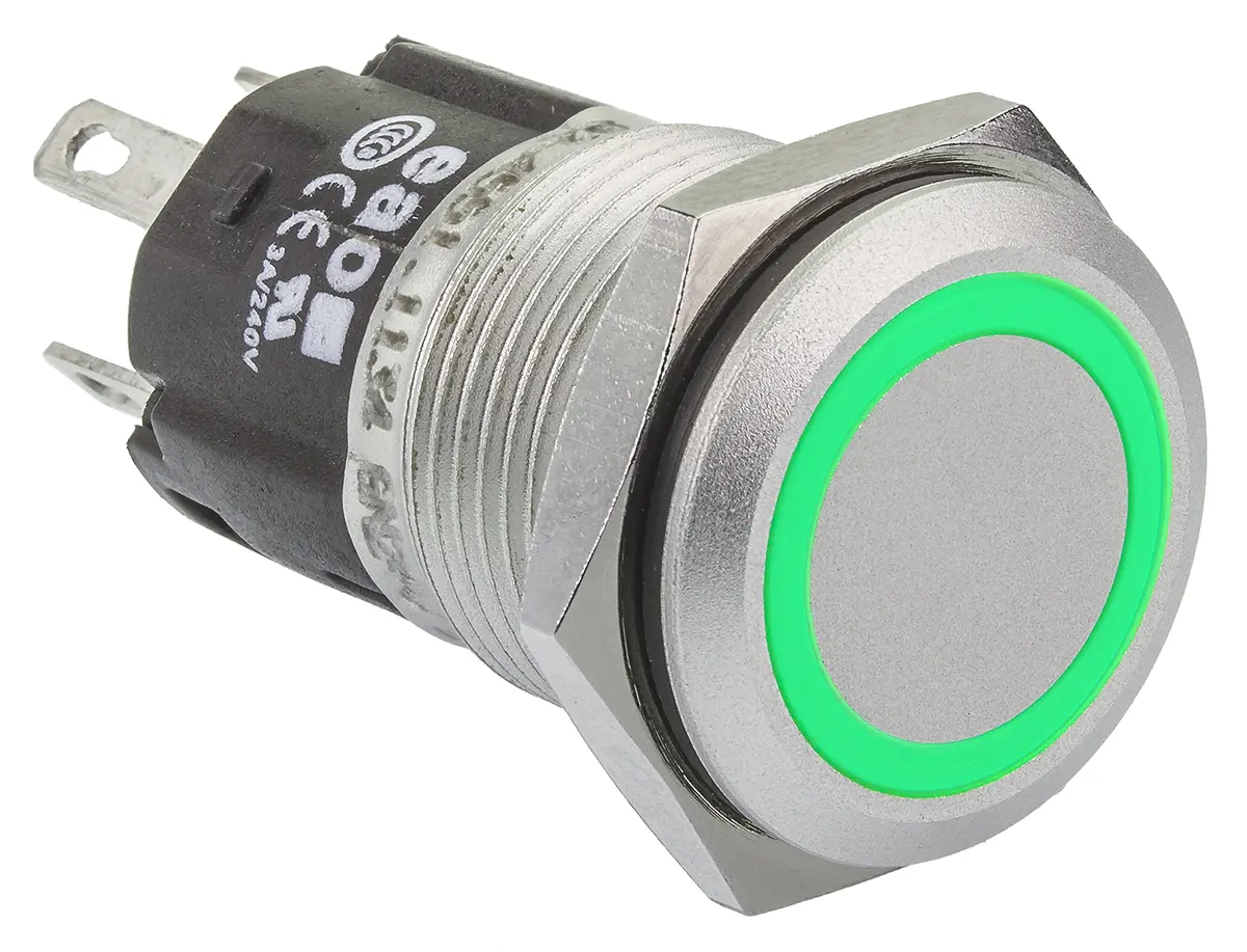 Produktfoto 1 von EAO 82 Druckschalter Grün Beleuchtet Tastend Panel Ø 16 mm, 1-poliger Umschalter / 1A 24 V dc 250 V ac, IP65, IP67