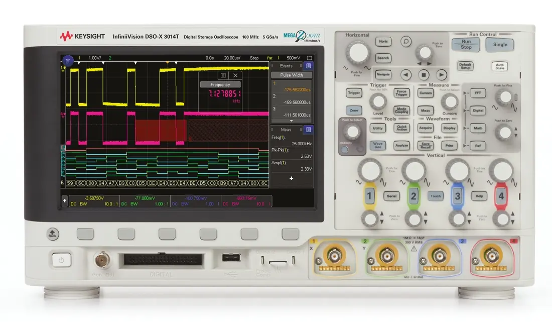 Produktfoto 1 von Keysight InfiniiVision 3000T X DSOX3014T Speicher Tisch Oszilloskop 4-Kanal Analog / 16 Digital 100MHz CAN, IIC, LIN,