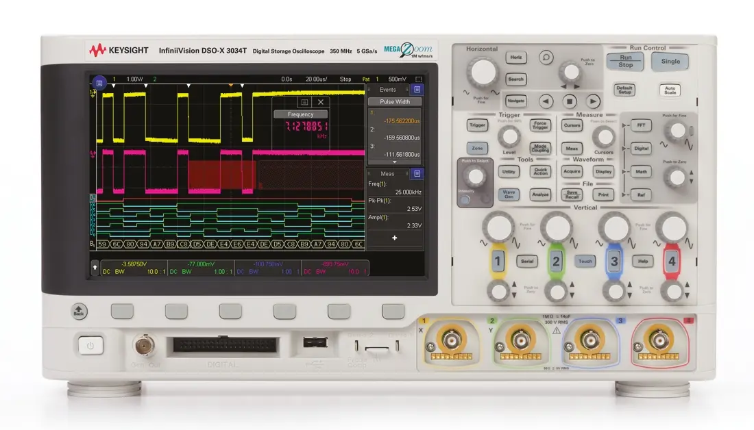 Produktfoto 1 von Keysight InfiniiVision 3000T X DSOX3034T Speicher Tisch Oszilloskop 4-Kanal Analog / 16 Digital 350MHz CAN, IIC, LIN,