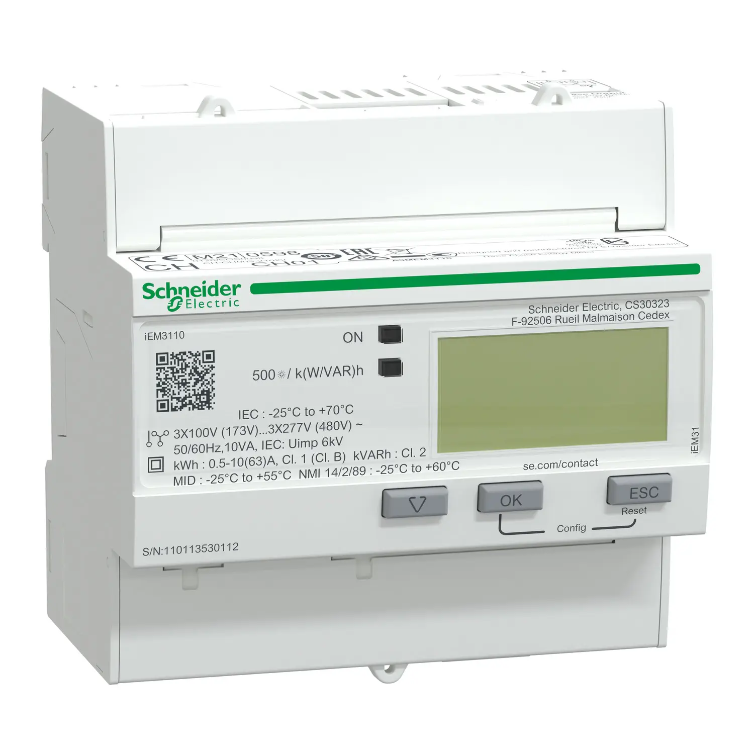 Produktfoto 1 von Schneider Electric Acti 9 iEM3000 Energiemessgerät LCD 95 mm x 90 mm Energiemessgerät, 10-stellig / 3-phasig 5 Ausg. 1