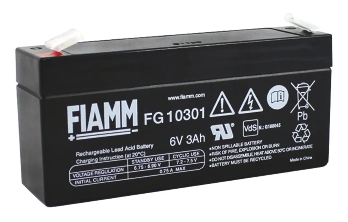 Produktfoto 1 von Fiamm Abgedichteter Bleiakku, 6V / 3Ah, Faston F1-Anschluss, 134 x 34 x 67mm