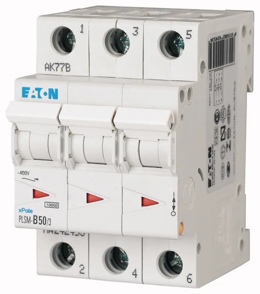 Produktfoto 1 von Eaton PLSM Miniaturüberlastschalter Typ C, Pol 3-polig 50 A, Abschaltvermögen 10 kA xPole 48 V dc