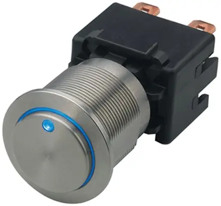 Produktfoto 1 von Schurter MSM 19 Druckschalter Blau Beleuchtet Rastend Panel Ø 19.1 mm, SPST / 12A 30 V dc 250 V ac, IP00, IP40, IP64