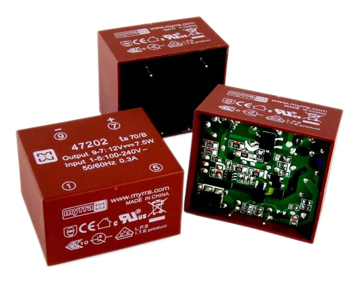 Myrra Printtrafo, Trafo 265 V ac, 370 V dc / 12 V dc 1  Ausg. 7.5 W 41 mm x 35 mm x 24.5 mm 56 g Durchsteckmontage