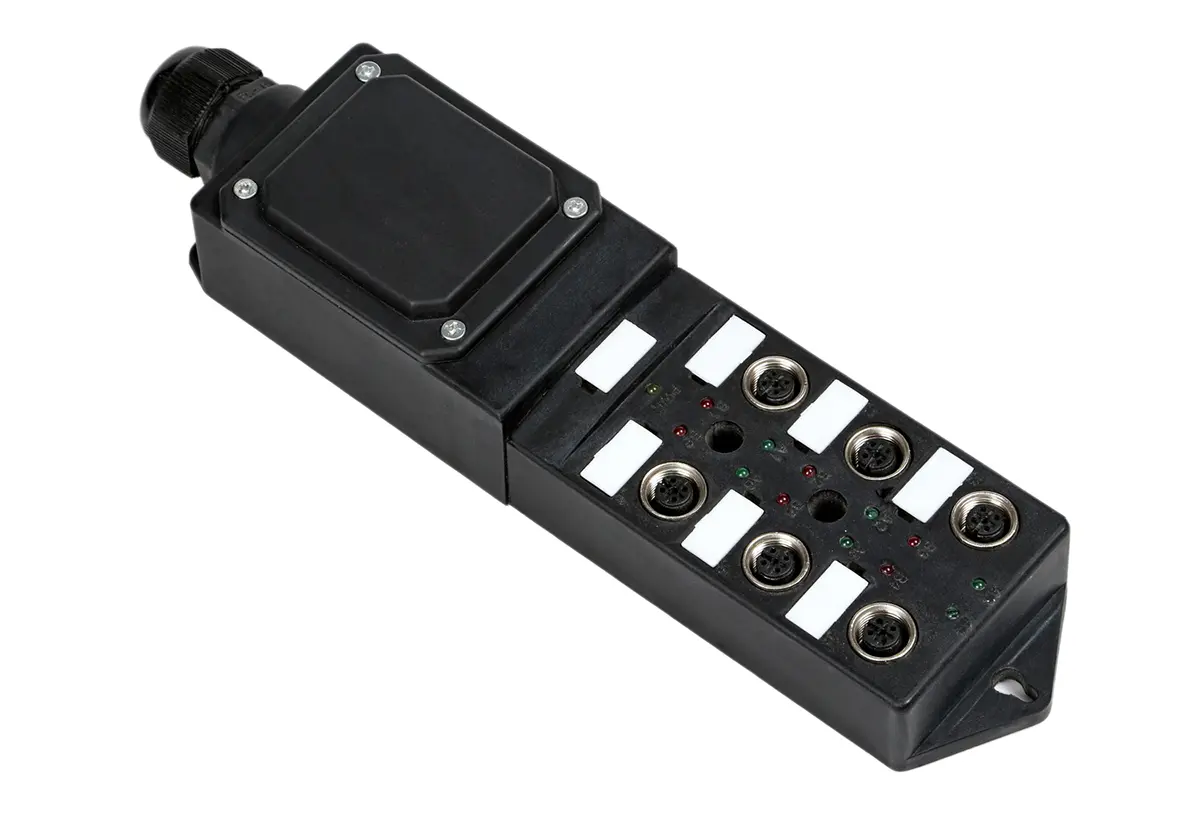 Produktfoto 1 von RS PRO Sensor-Box 24V dc 6 Anschlüsse 5 Auslässe M12