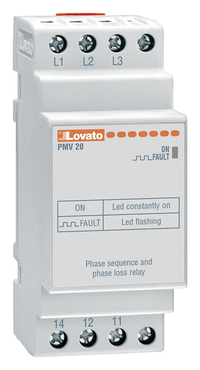 Produktfoto 1 von Lovato PMV20 Überwachungsrelais Maximal 400V ac 3-phasig, 1-poliger Wechsler Eigenversorgung DIN-Schienen