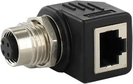 Produktfoto 1 von Murrelektronik Limited, gewinkelt 44681 Rundsteckverbinder Adapter 4 M12, IP67, IP20 Stecker 1 RJ45 Buchse
