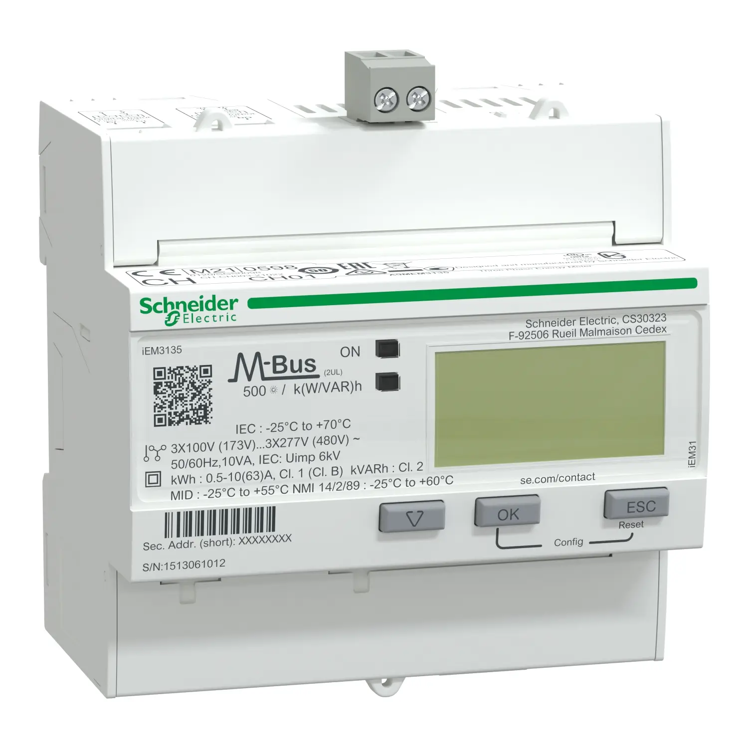 Produktfoto 1 von Schneider Electric IEM3135 Energiemessgerät LCD Elektronik, 9-stellig / 3-phasig 1 Ausg. 1 Eing. Impulsausgang