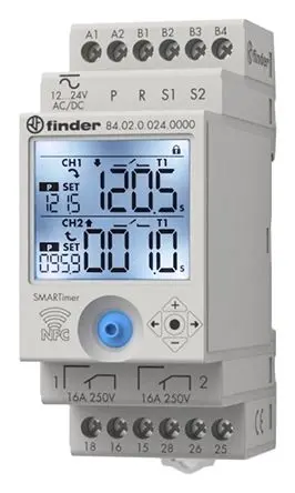 Produktfoto 1 von Finder 84 Digitaler Zeitgeber, DIN-Hutschiene 110 to 240 V dc 12V ac, 24 V ac, 0.1 s to 9999 h, 2 Kont. Multifunktion,