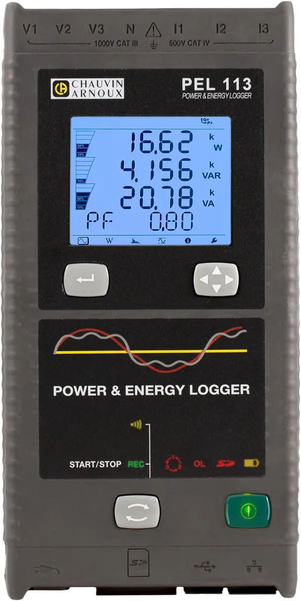 Produktfoto 1 von Chauvin Arnoux PEL113 3V / 3I-Kanal Strom, Spannung, Leistung Datenlogger, 1000V / 10 000A, 0°C → +50°C, Sensor