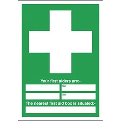 Produktfoto 1 von RS PRO Erste-Hilfe-Schild Polyester, Text: Your First Aiders Are, Your Nearest First Aid Box Is Situated Englisch Grün,