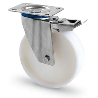 Produktfoto 1 von RS PRO Drehlager Lenkrolle, Rad ø 200mm, 300kg, Ges H. 235mm, 140 x 110mm, Einfachbolzen, Nylon-Material inkl Bremse