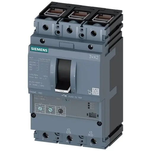 Produktfoto 1 von Siemens 3VA2 SENTRON Elektronischer Schutzschalter 690V 3, 63 A 55 kA, Typ E L. 86 mm x 105 mm
