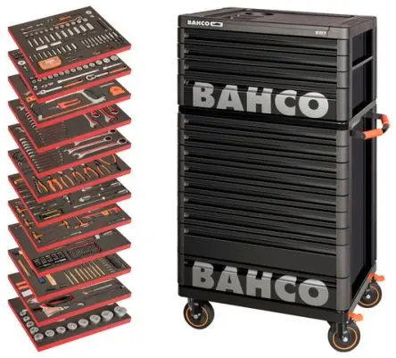 Produktfoto 1 von Bahco Stahl Werkzeugwagen, Typ Werkzeugsatz 9 Schubladen mit Rädern, 820 mm x 510mm x 1.36 m