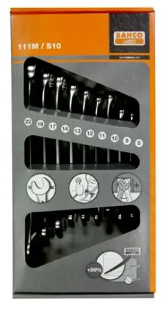 Produktfoto 1 von Bahco Schraubenschlüsselsatz Flacher Ringmaulschlüssel Legierungsstahl, 10-teilig 8, 10, 12, 9, 22 mm, 13, 19, 17, 11,