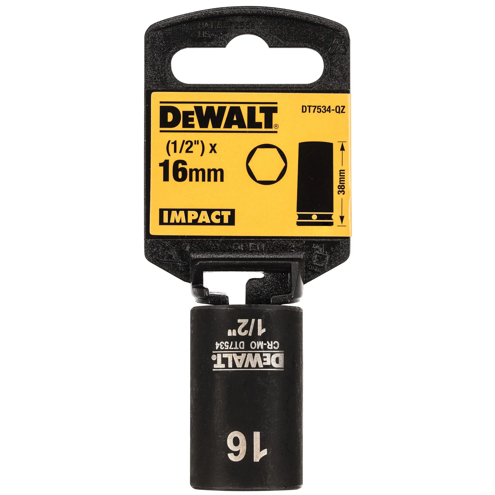 Produktfoto 1 von DeWALT 1/2 in, 16 mm Standard-Steckschlüssel Schlag-Steckschlüssel lang, 38 mm