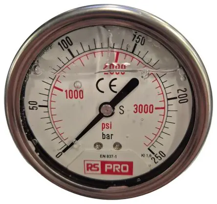 Produktfoto 1 von RS PRO 1/4 Zoll BSP RS 1.10.3 Manometer 63 mm 0 bar → 250 bar Edelstahl Gehäuse BSP 1/4 in