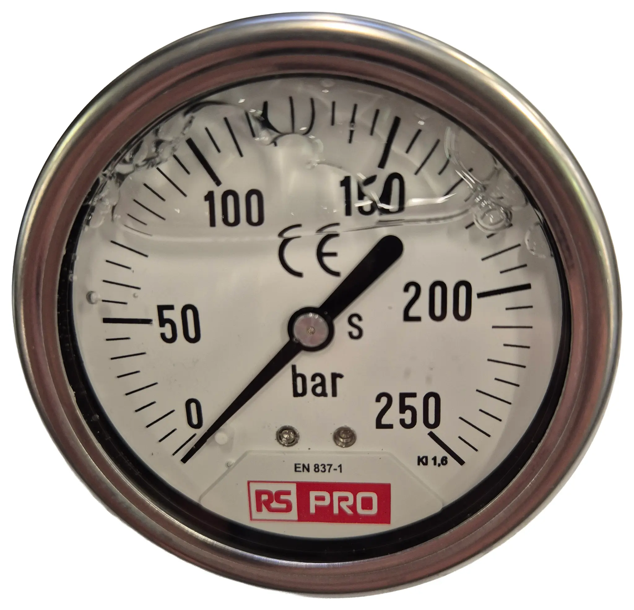 Produktfoto 1 von RS PRO Druckmessgerät Prozessanschluss unten Analog 0bar → 250bar, Ø 63mm Edelstahl Gehäuse BSP1/4