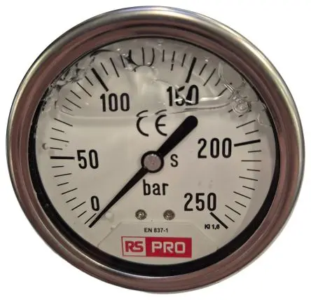 Produktfoto 1 von RS PRO 1/4 Zoll BSP RS 1.10.3 Manometer 63 mm 0 bar → 250 bar Edelstahl Gehäuse BSP 1/4 in