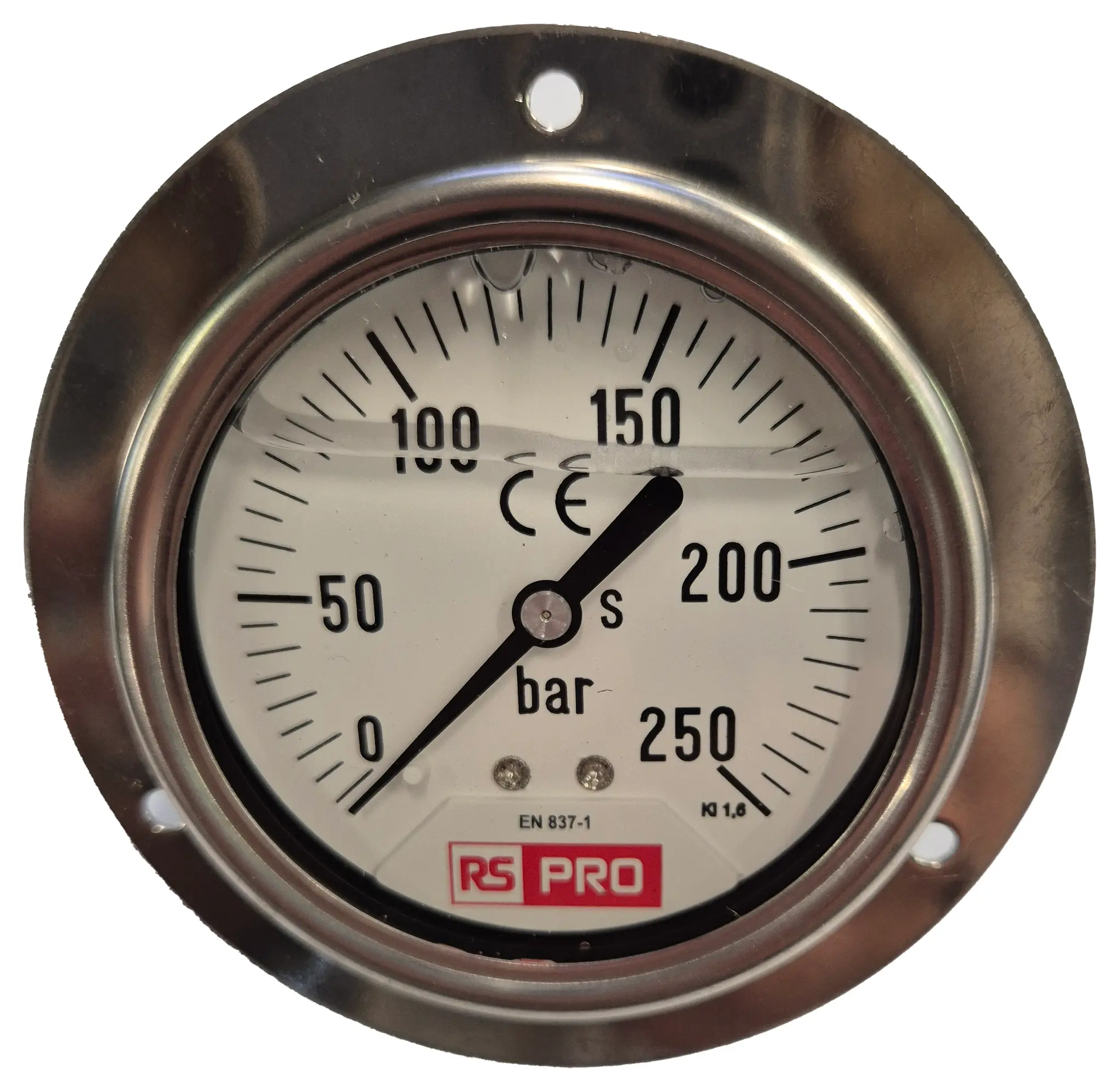 Produktfoto 1 von RS PRO Druckmessgerät Prozessanschluss unten Analog 0bar → 250bar, Ø 63mm Edelstahl Gehäuse BSP1/4