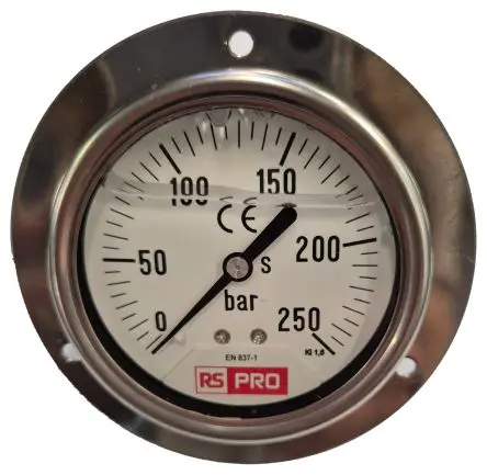 Produktfoto 1 von RS PRO 1/4 Zoll BSP RS 1.10.3 Manometer 63 mm 0 bar → 250 bar Edelstahl Gehäuse BSP 1/4 in