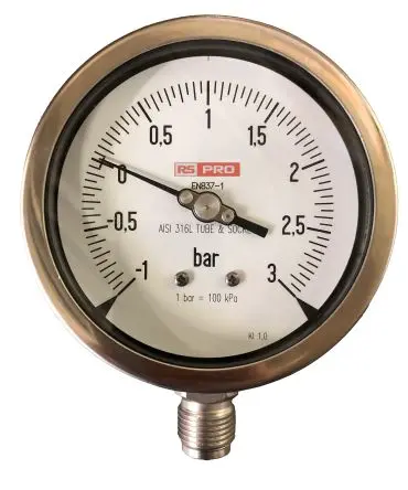 Produktfoto 1 von RS PRO 1/2 Zoll BSP RS 1.18.1 Manometer 100 mm -1 bar → 3 bar Edelstahl Gehäuse BSP 1/2 in