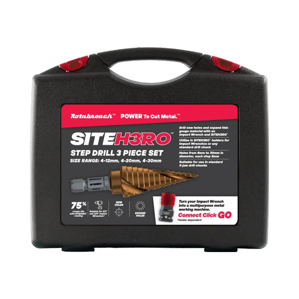 Produktfoto 1 von Rotabroach HSS Stufenbohrer Satz 12 mm → 30 mm, 3-teilig für Bohren eines neuen Lochs, Aufwendige Bohrung