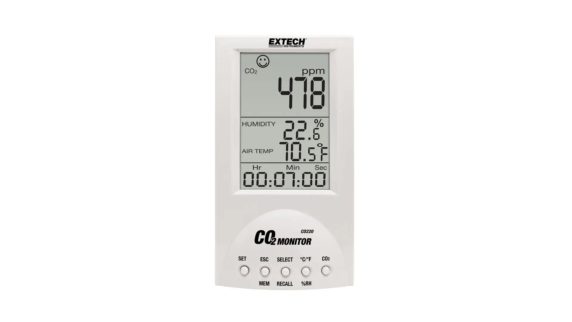 Produktfoto 1 von Extech CO220 Luftqualitätsüberwachung 60 °C, CO2 bis 9999 ppm, bis 60 °C, Netzteil-betrieben / 99.9 %RH