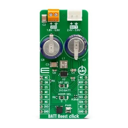 Produktfoto 1 von MikroElektronika CR2032 Boost LED Regler Evaluierungsplatine, Aufsteckplatine Boost-Controller, für MikroBUS-Buchse