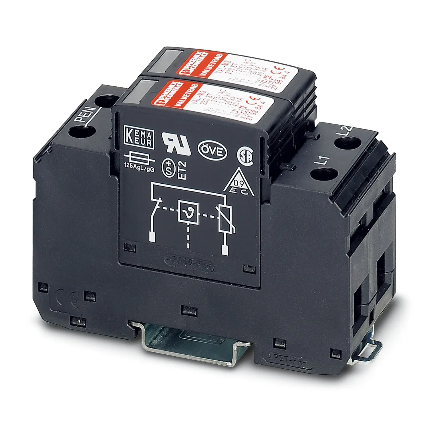 Produktfoto 1 von Phoenix Contact, Überspannungsableiter, 1-phasig, 275 V ac 80 A DIN-Hutschiene VAL