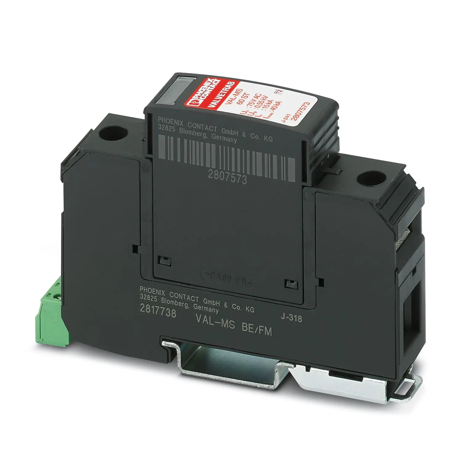 Produktfoto 1 von Phoenix Contact, Überspannungsableiter, 1-phasig, 0.55 kV 80 A DIN-Hutschiene VAL