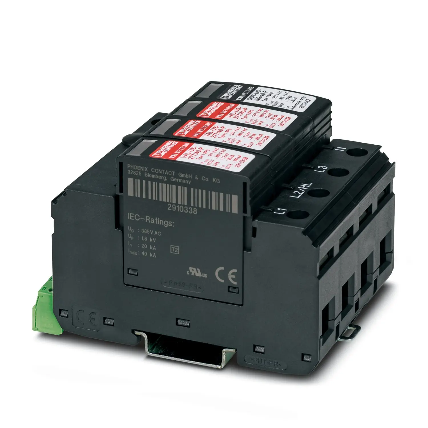 Produktfoto 1 von Phoenix Contact, Überspannungsschutz, 1-phasig, 305 V ac 40 kA DIN-Hutschiene