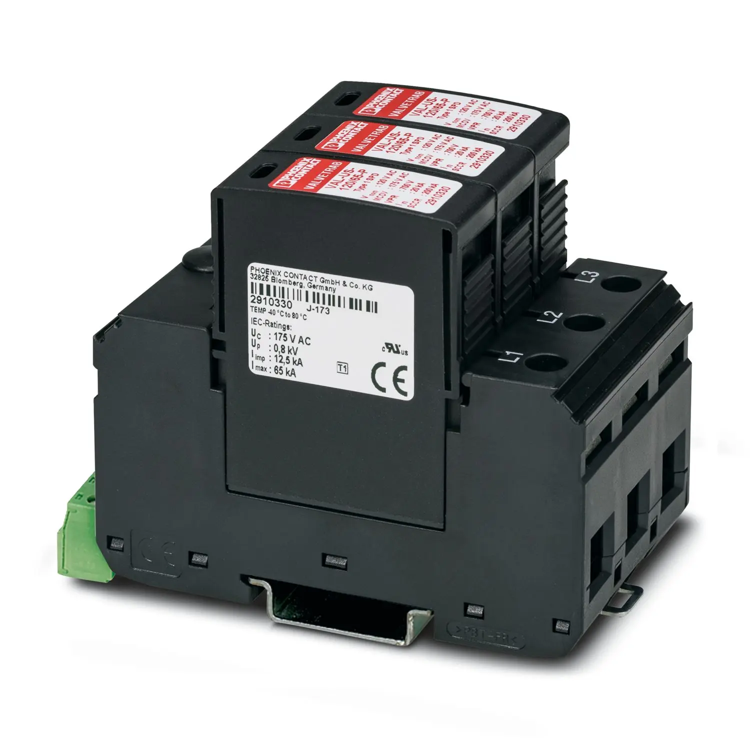 Produktfoto 1 von Phoenix Contact, Überspannungsschutz, 3-phasig, 1200 V 65 kA DIN-Hutschiene VAL