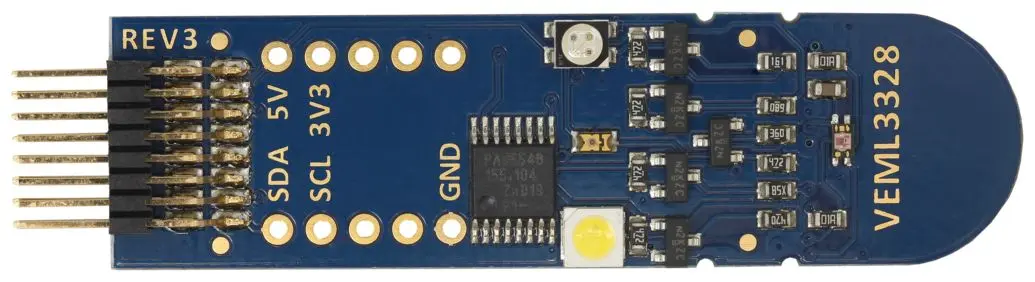 Produktfoto 1 von Vishay VEML3328 RGBCIR-Farbsensor mit I2C-Schnittstelle, Sensorplatine Entwicklungstool Sensor, Farbsensor für