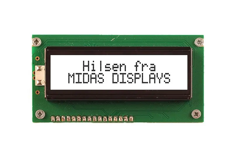 Produktfoto 1 von Midas MC21605A6WM-FPTLW-V2 Monochrom LCD, Alphanumerisch LED Weiß 2 x 16, Hintergrund Weiß, Parallel Interface