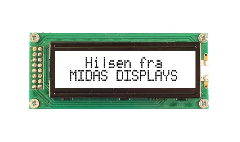 Produktfoto 1 von Midas MC21605B6WM-FPTLW-V2 Monochrom LCD, Alphanumerisch LED Weiß 2 x 16, Hintergrund Weiß, Parallel Interface
