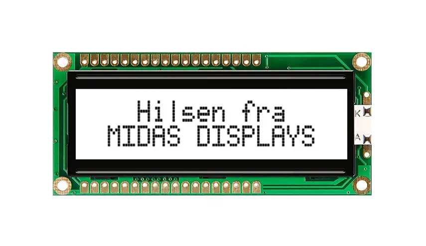 Produktfoto 1 von Midas Monochrom LCD, Alphanumerisch LED Weiß 2 x 16, Hintergrund Weiß, Parallel Interface