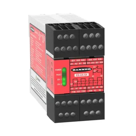 Produktfoto 1 von Banner ES Sicherheitsrelais 115V ac, 4 Sicherheitskontakte, 1 Hilfsschalter, Automatisch oder manuell IEC 61508 IEC
