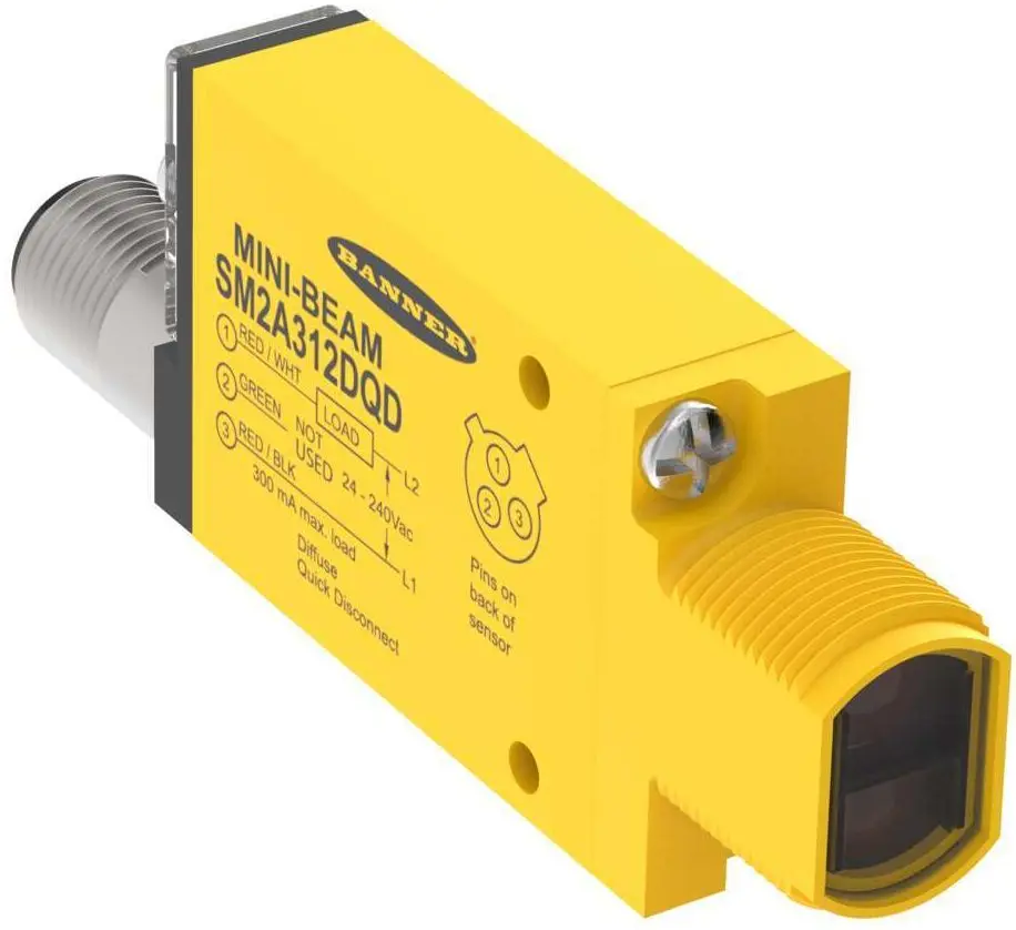 Produktfoto 1 von Banner Rechteckig Optischer Sensor, diffus, Bereich 380 mm, PNP Ausgang, Integral QD, Hell-/dunkelschaltend