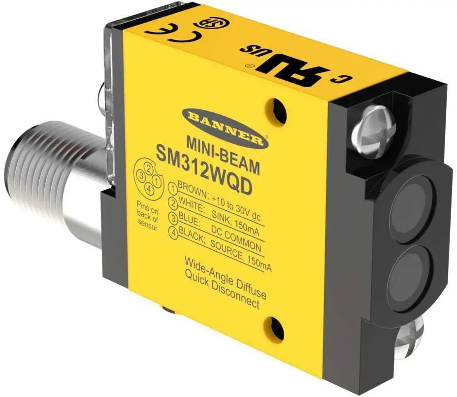 Produktfoto 1 von Banner Rechteckig Optischer Sensor, diffus, Bereich 300 mm, NPN/PNP Ausgang, Integral QD, Hell-/dunkelschaltend