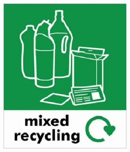 Produktfoto 1 von RS PRO Sicherheitshinweisschild Grün, Weiß Englisch A4 Mixed Recycling Selbstklebend Selbstklebendes Vinyl Grün, Weiß