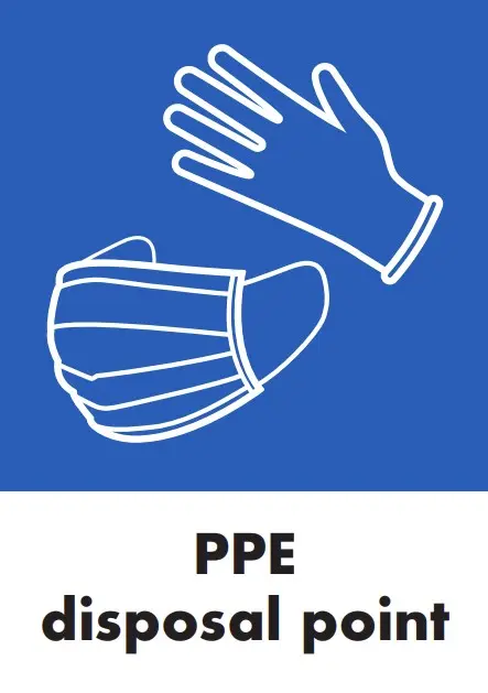 Produktfoto 1 von RS PRO Sicherheitshinweisschild Weiß, Schwarz Englisch PPE Disposal Selbstklebend Selbstklebendes Vinyl Weiß, Blau