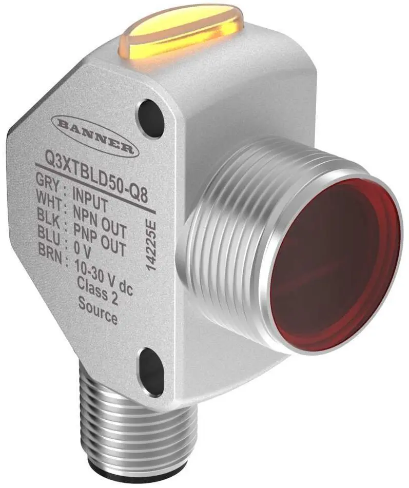 Produktfoto 1 von Banner Q3X Kontrastsensor, IP68, IP69K, IP40, Sichtbarer roter Laser der Klasse 2, Bipolar 100 mA 30 V dc