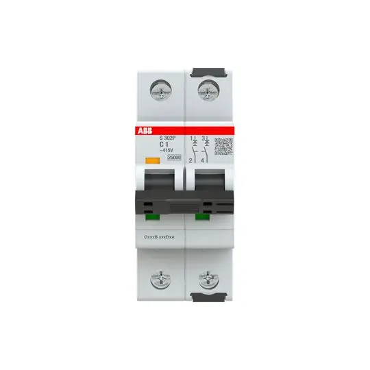 Produktfoto 1 von ABB S302 Miniaturüberlastschalter Typ C, Pol 2-polig 1 A 415 V ac, Abschaltvermögen 100 kA 125 V dc