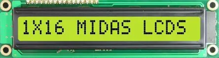 Produktfoto 1 von Midas MC11 Monochrom LCD, Alphanumerisch LED Schwarz 1 Zeile mit 16 Zeichen, Hintergrund Gelb, Grün, Parallel Interface