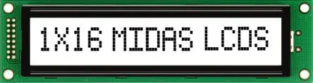 Produktfoto 1 von Midas MC11 Monochrom LCD, Alphanumerisch LED Schwarz 1 Zeile mit 16 Zeichen, Hintergrund Weiß, Parallel Interface