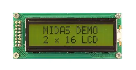 Produktfoto 1 von Midas MC21 Monochrom LCD, Alphanumerisch LED Schwarz 2 x 16, Hintergrund Grün, Gelb, Parallel Interface