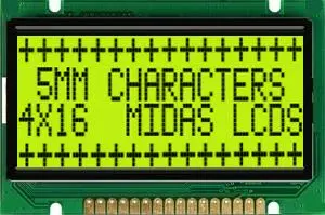 Produktfoto 1 von Midas MC41 Monochrom LCD, Alphanumerisch Transformator Schwarz 4 x 16, Hintergrund Gelb, Grün, Parallel Interface