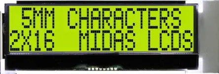 Produktfoto 1 von Midas MCCOG Monochrom LCD, Alphanumerisch Transformator Schwarz 2 x 16, Hintergrund Gelb, Grün, Parallel Interface