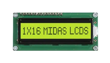 Produktfoto 1 von Midas MC116 Monochrom LCD, Alphanumerisch LED Schwarz 1 Zeile mit 16 Zeichen, Hintergrund Gelb, Grün, Parallel Interface